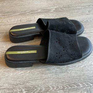 Easy spirit lites suede top sandals with flower cut outs | black leather sandals